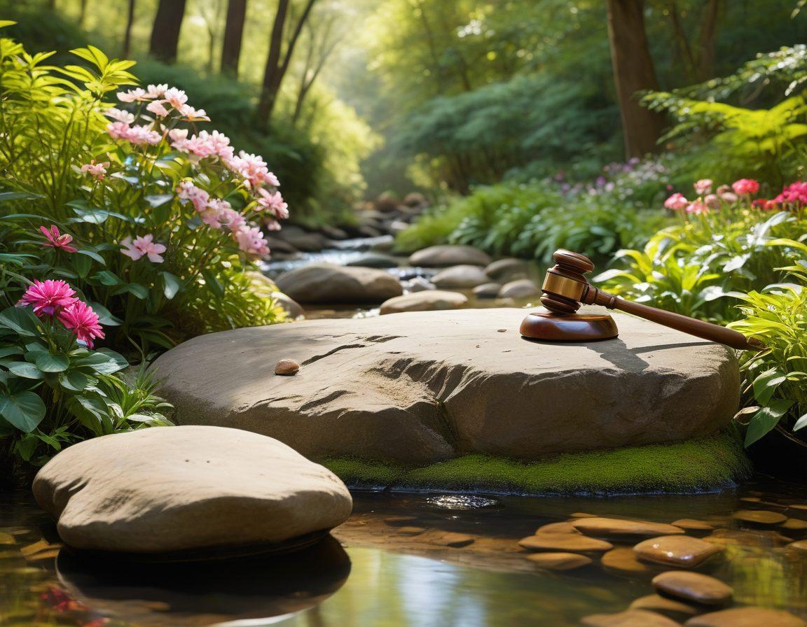 A serene landscape of a peaceful oasis, featuring a tranquil figure meditating on a rock next to a flowing stream, surrounded by vibrant flowers and soft sunlight filtering through tall trees. In the background, subtle symbols of consumer rights and regulations like a gavel and a telephone crossed out, effectively integrated into the natural setting. The overall atmosphere conveys calm, wisdom, and empowerment. super-realistic. vibrant colors. soft focus.