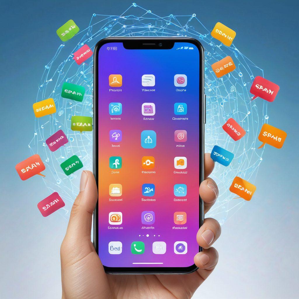 A visually engaging scene showing a smartphone with a protective shield around it, surrounded by floating spam call icons being filtered out. Include a calm and serene background to represent silence and protection. Illustrate a hand with a finger pressing the 'block' button on the phone, symbolizing effective strategies against spam calls. Use vibrant colors and a modern, sleek design. super-realistic. vibrant colors. white background.